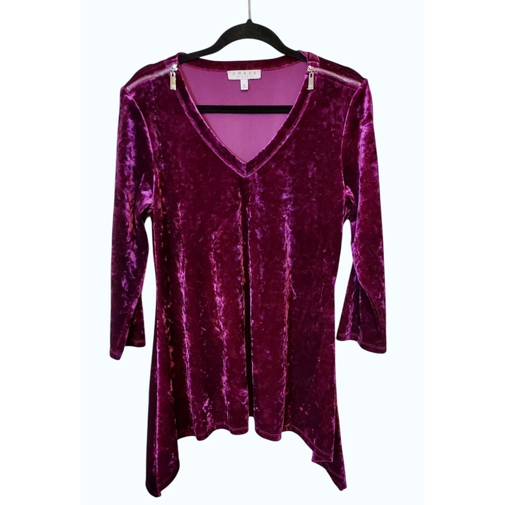 Chaus Tunic Top Women L Purple Crushed Velvet V-Neck Zipper Shoulder Sharkbite